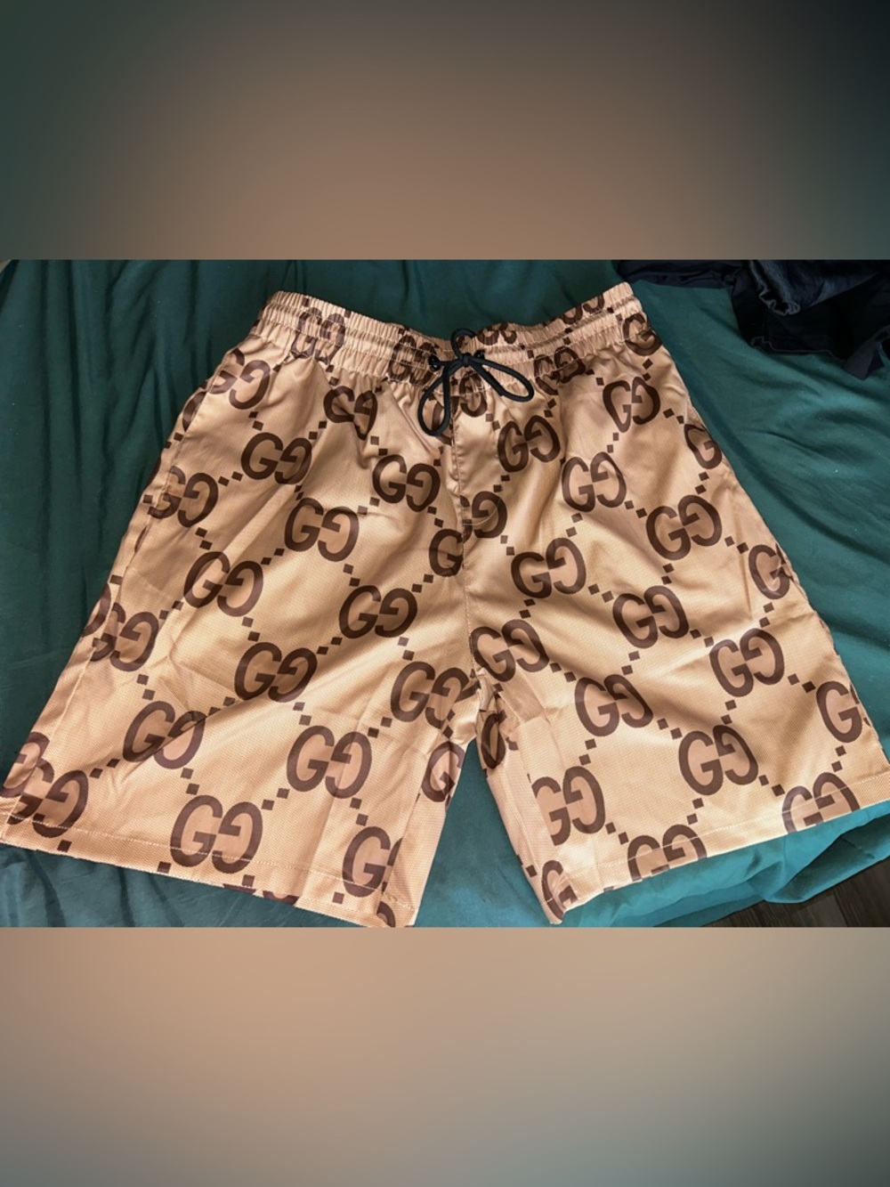 Gucci Beige and Brown GG Logo Swim Trunks